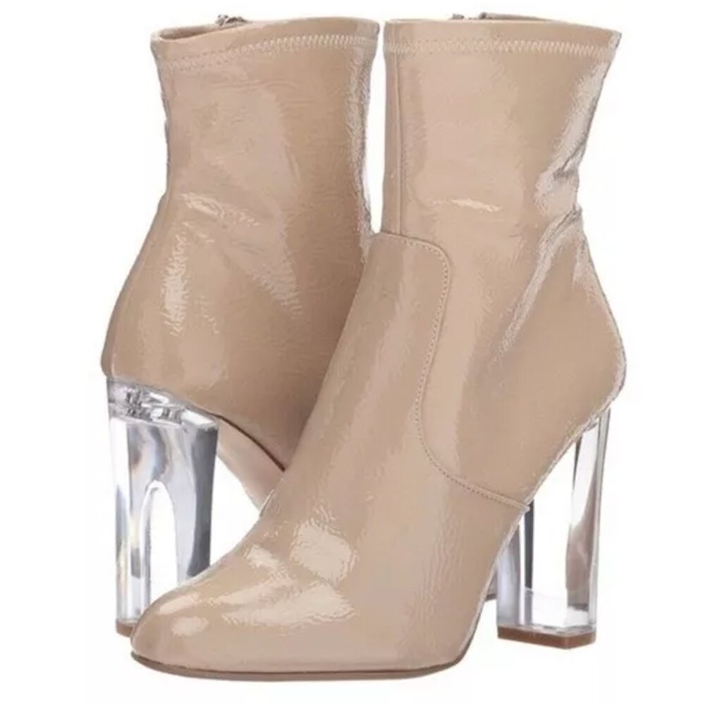 Steve Madden Eminent Nude Patent Ankle Booties with 4 inch Lucite Heels Size 5